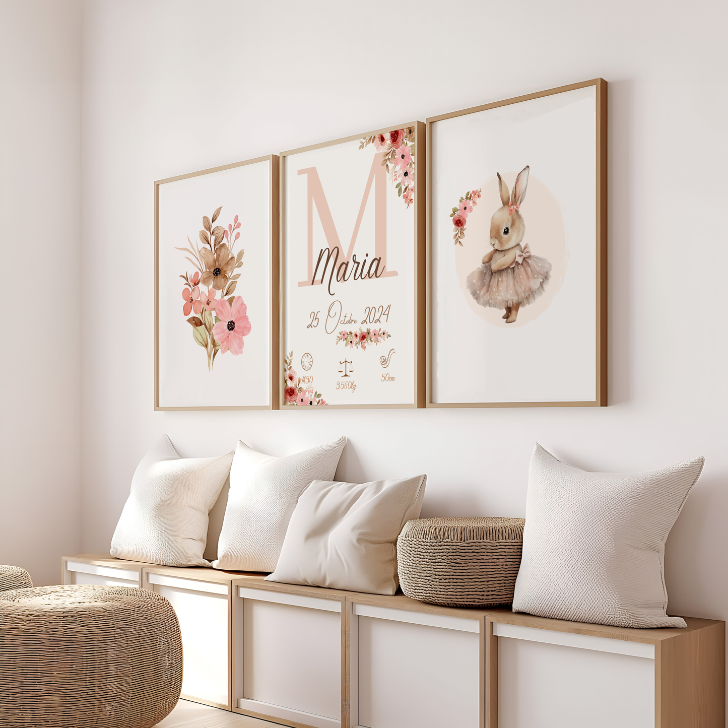 Lot de 3 affiches - affiche de naissance personnalisée Lapin ballerine fleurs - affiche décorative - cadeau de naissance - pdf ou imprimée