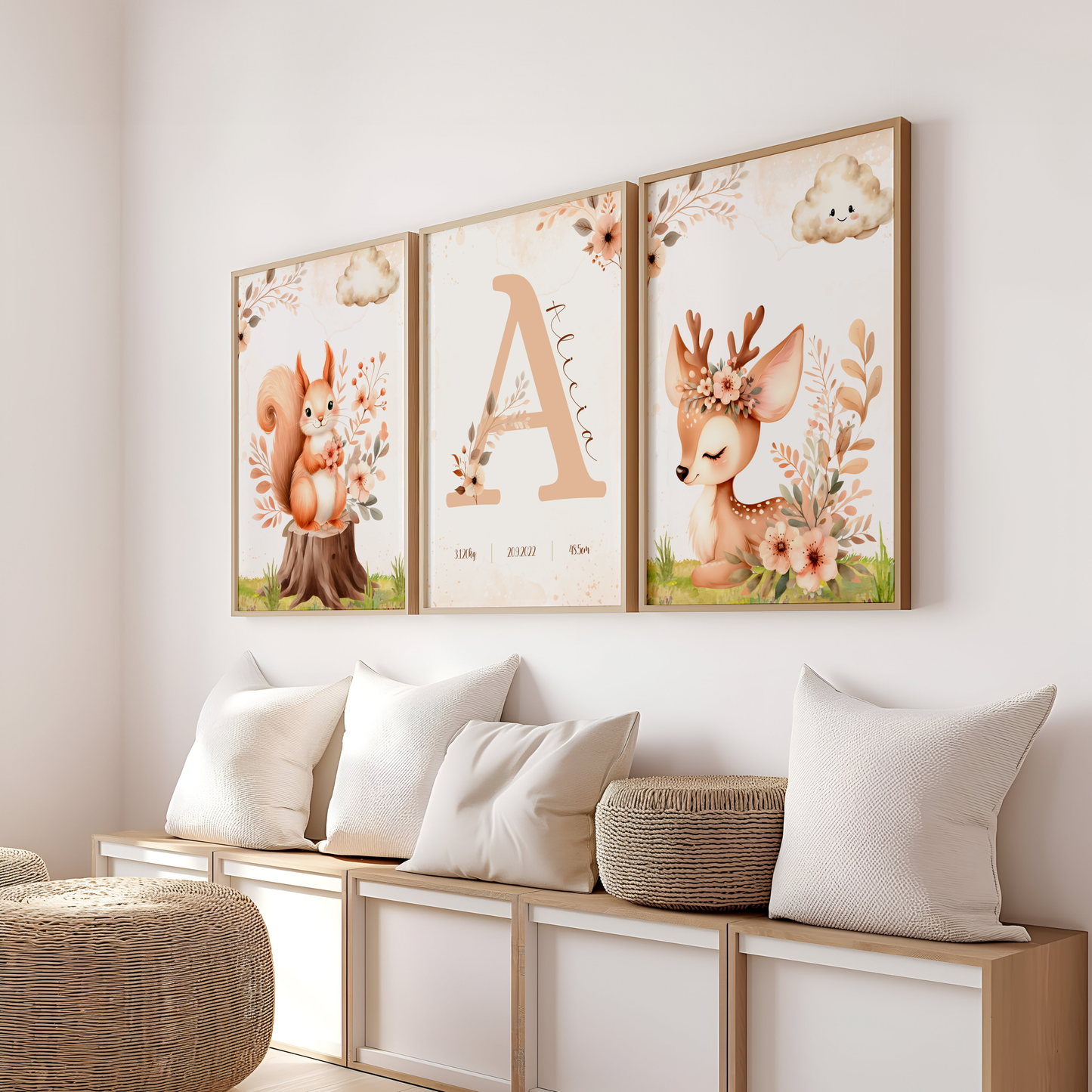 Lot de 3 affiches - affiche de naissance personnalisée écureuil renne fleurs - affiche décorative - cadeau de naissance - pdf ou imprimée