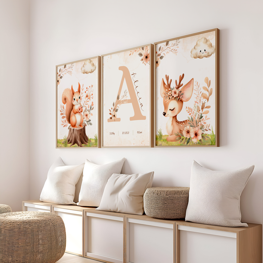 Lot de 3 affiches - affiche de naissance personnalisée écureuil renne fleurs - affiche décorative - cadeau de naissance - pdf ou imprimée