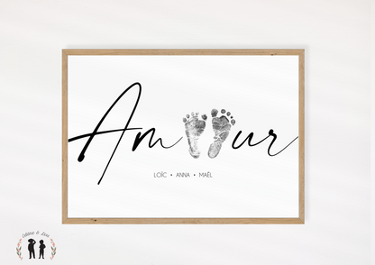 Affiche minimaliste "Amour" empreintes pieds bébé personnalisée