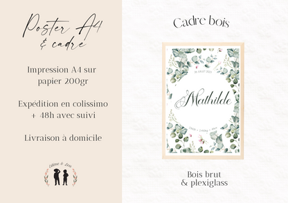 Affiche de naissance personnalisée cadre fleurs eucalyptus