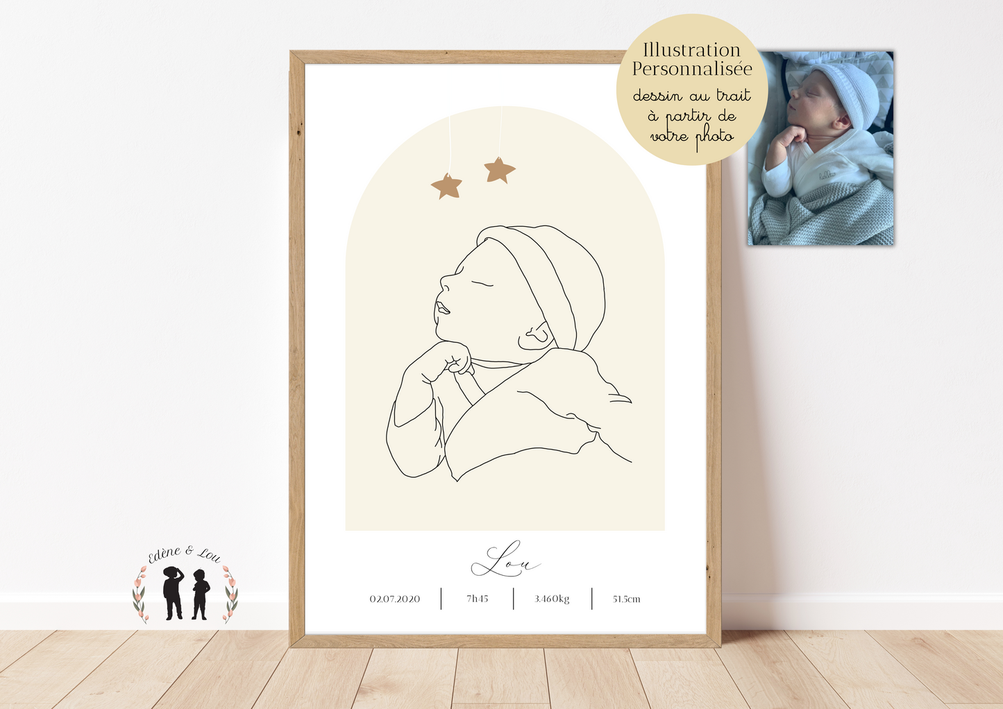 Affiche de naissance personnalisée illustration trait minimaliste - Initiale, prénom, poids, taille et heure - pdf ou imprimée