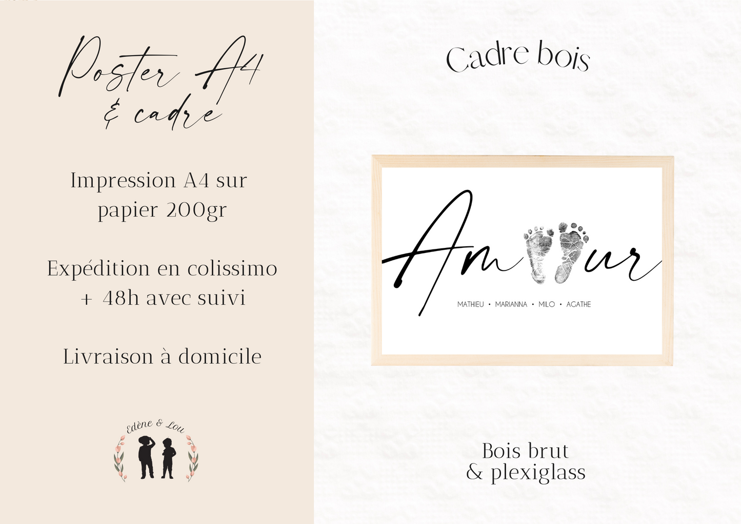 Affiche minimaliste "Amour" empreintes pieds bébé personnalisée