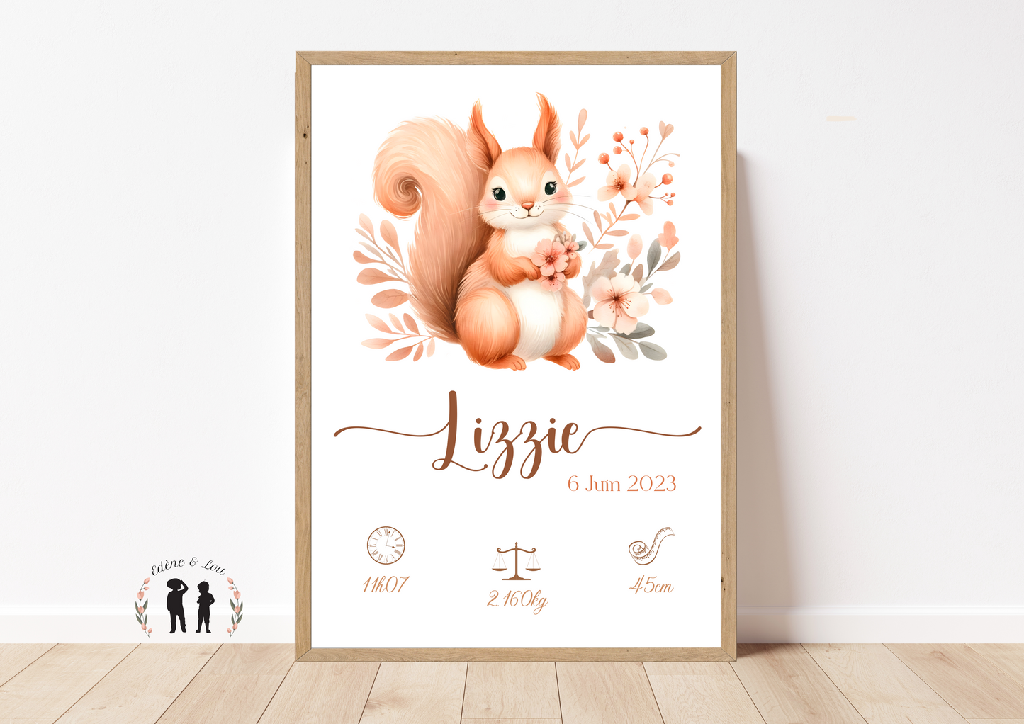 Affiche de naissance personnalisée animaux de la forêt - Affiche bébé souvenir - Initiale, prénom, poids, taille et heure - écureuil, lapin