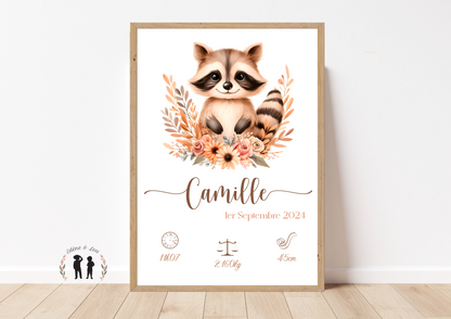 Affiche de naissance personnalisée animaux de la forêt - Affiche bébé souvenir - Initiale, prénom, poids, taille et heure - écureuil, lapin