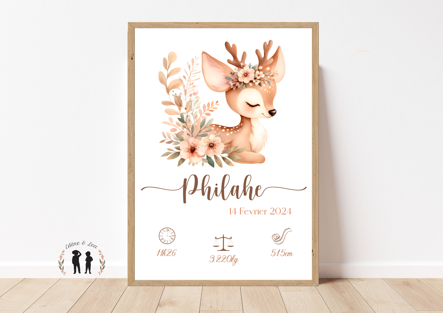 Affiche de naissance personnalisée animaux de la forêt - Affiche bébé souvenir - Initiale, prénom, poids, taille et heure - écureuil, lapin