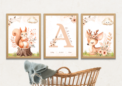 Lot de 3 affiches - affiche de naissance personnalisée écureuil renne fleurs - affiche décorative - cadeau de naissance - pdf ou imprimée