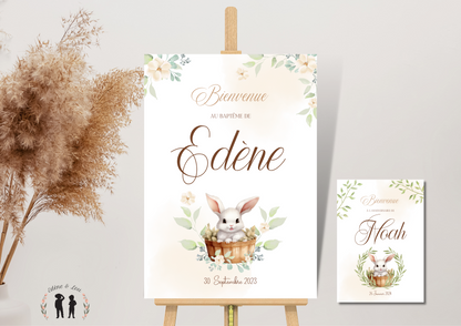 affiche bienvenue personnalisée lapin panier - anniversaire baptême