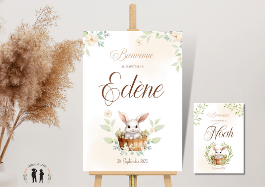 affiche bienvenue personnalisée lapin panier - anniversaire baptême