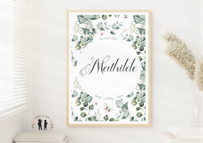 Affiche de naissance personnalisée cadre fleurs eucalyptus