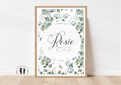 Affiche de naissance personnalisée cadre fleurs eucalyptus