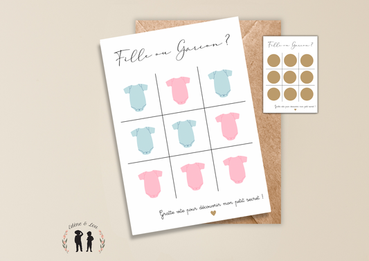 Carte à gratter personnalisée annonce du sexe de bébé morpion body - fille ou garçon - baby shower genre reveal - pastilles jeux à gratter dorées