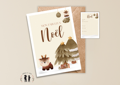 Carte étape "Mon fabuleux Noël" - Carte de noël recto-verso personnalisée - Mon premier Noël - renne, cadeaux, sapin