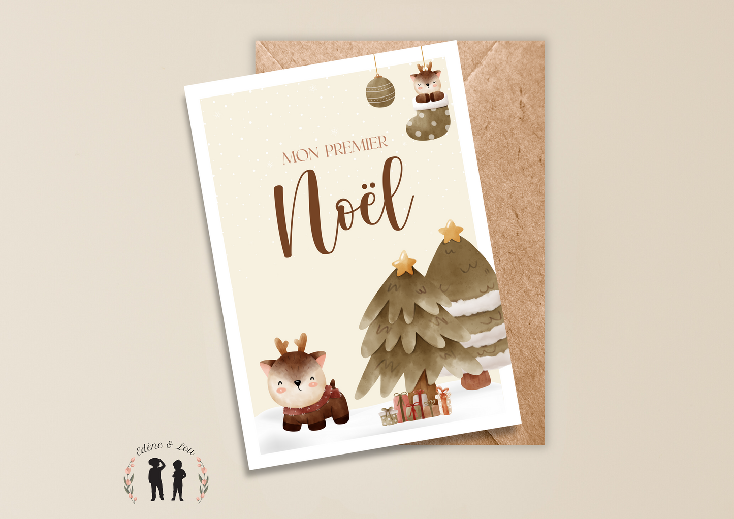 Carte étape "Mon fabuleux Noël" - Carte de noël recto-verso personnalisée - Mon premier Noël - renne, cadeaux, sapin