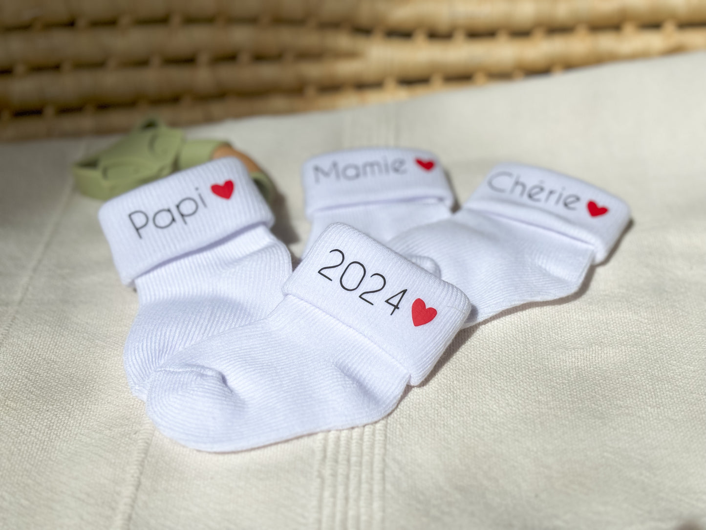 Chaussettes bébé - annonce de grossesse personnalisée avec pochon surprise