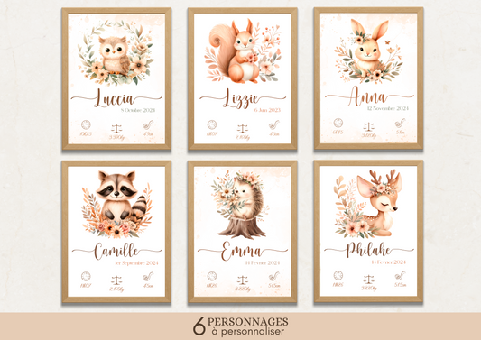 Affiche de naissance personnalisée animaux de la forêt - Affiche bébé souvenir - Initiale, prénom, poids, taille et heure - écureuil, lapin