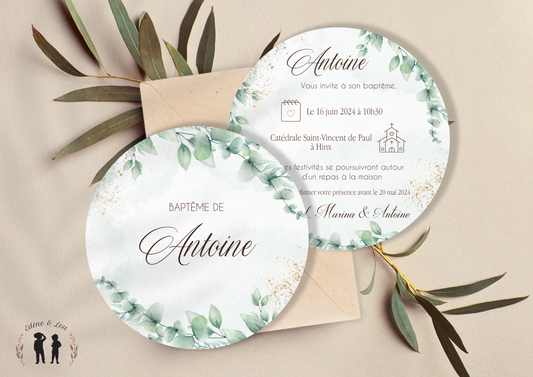 Faire-part de Baptême rond thème eucalyptus - carton d'invitation bébé et enfant