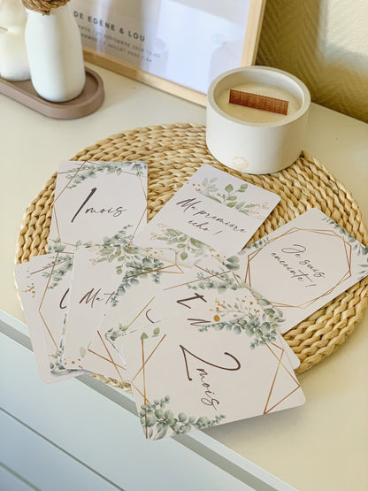 Cartes étapes de grossesse - thème boho eucalyptus - 15 cartes - mois de grossesse, écho, fille ou garçon