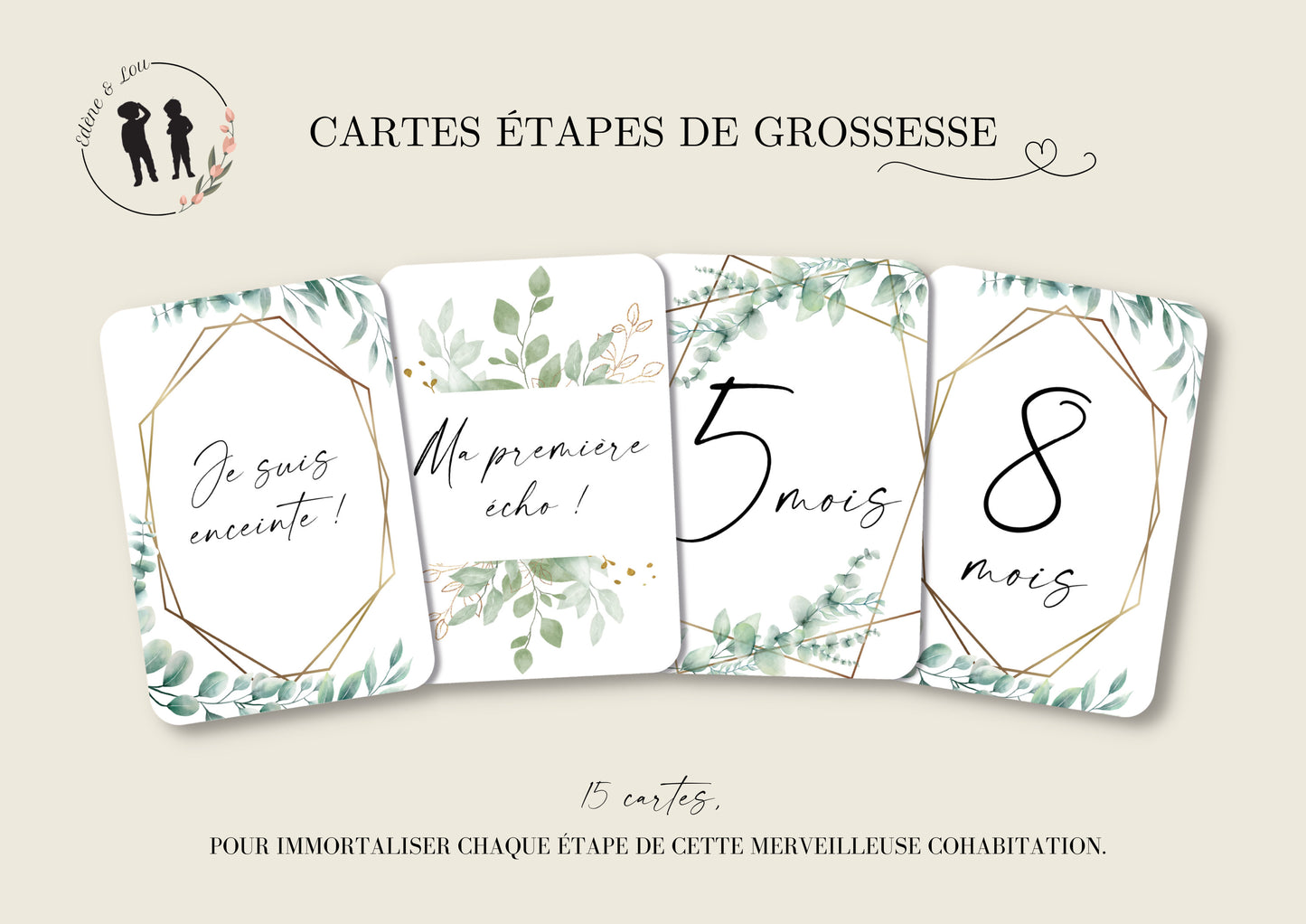 Cartes étapes de grossesse - thème boho eucalyptus - 15 cartes - mois de grossesse, écho, fille ou garçon