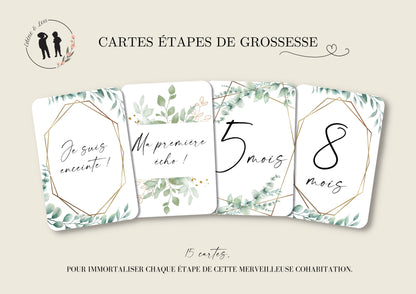 Cartes étapes de grossesse - thème boho eucalyptus - 15 cartes - mois de grossesse, écho, fille ou garçon