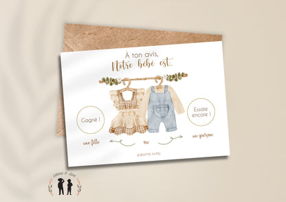 Carte à gratter personnalisée annonce du sexe de bébé vêtement boho vintage - fille ou garçon - baby shower - pastilles à gratter dorées