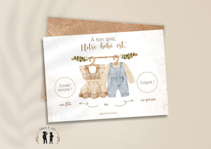 Carte à gratter personnalisée annonce du sexe de bébé vêtement boho vintage - fille ou garçon - baby shower - pastilles à gratter dorées