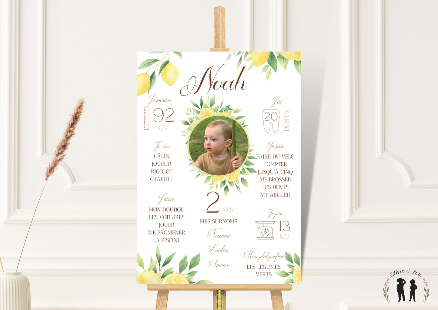 Affiche anniversaire personnalisée citron - affiche photo enfant et bébé boho - imprimée ou Pdf