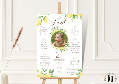 Affiche anniversaire personnalisée citron - affiche photo enfant et bébé boho - imprimée ou Pdf