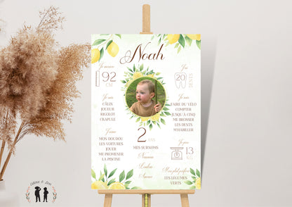 Affiche anniversaire personnalisée citron - affiche photo enfant et bébé boho - imprimée ou Pdf