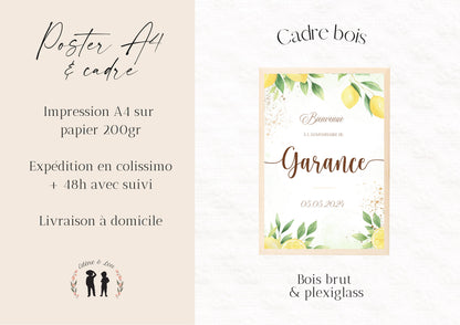 affiche bienvenue personnalisée Citron - anniversaire baptême - citrons feuilles - bébé et enfant - pdf ou imprimée