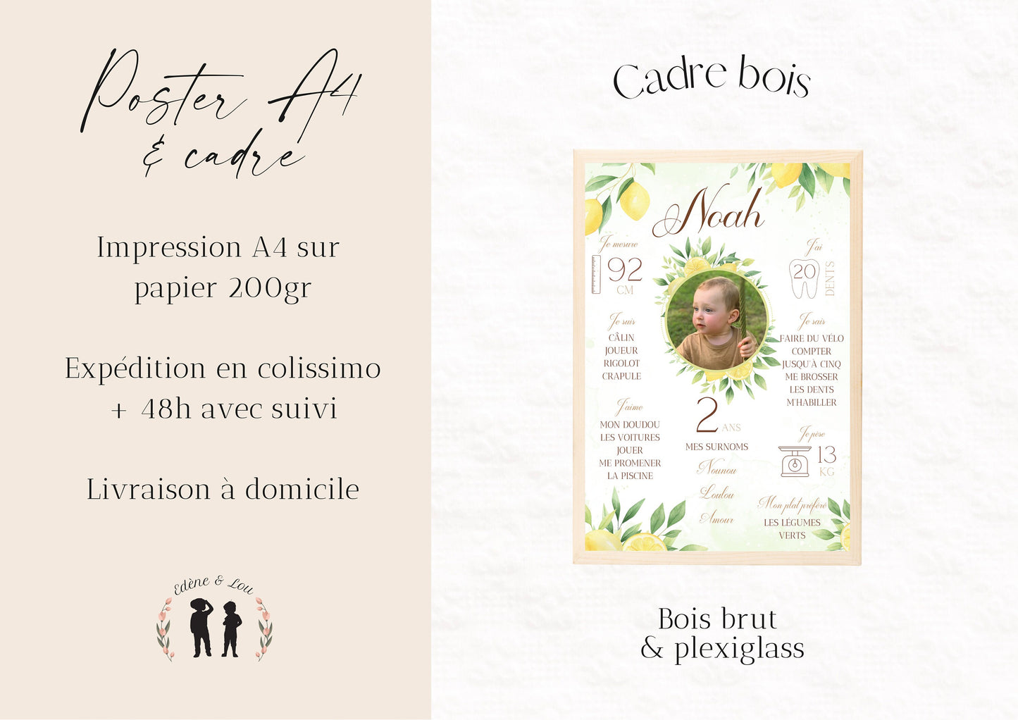 Affiche anniversaire personnalisée citron - affiche photo enfant et bébé boho - imprimée ou Pdf