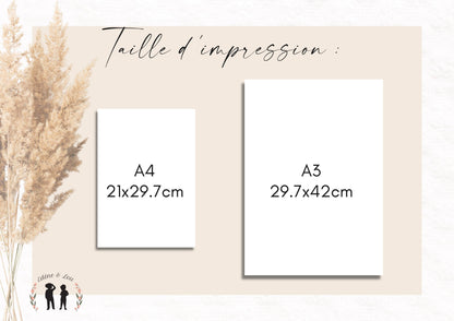 Lot de 3 affiches - affiche de naissance personnalisée fleurs boho - affiche décorative trio - cadeau de naissance bébé - pdf ou imprimée