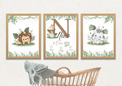 Lot de 3 affiches - affiche de naissance personnalisée safari - affiche décorative trio - cadeau de naissance bébé - pdf ou imprimée