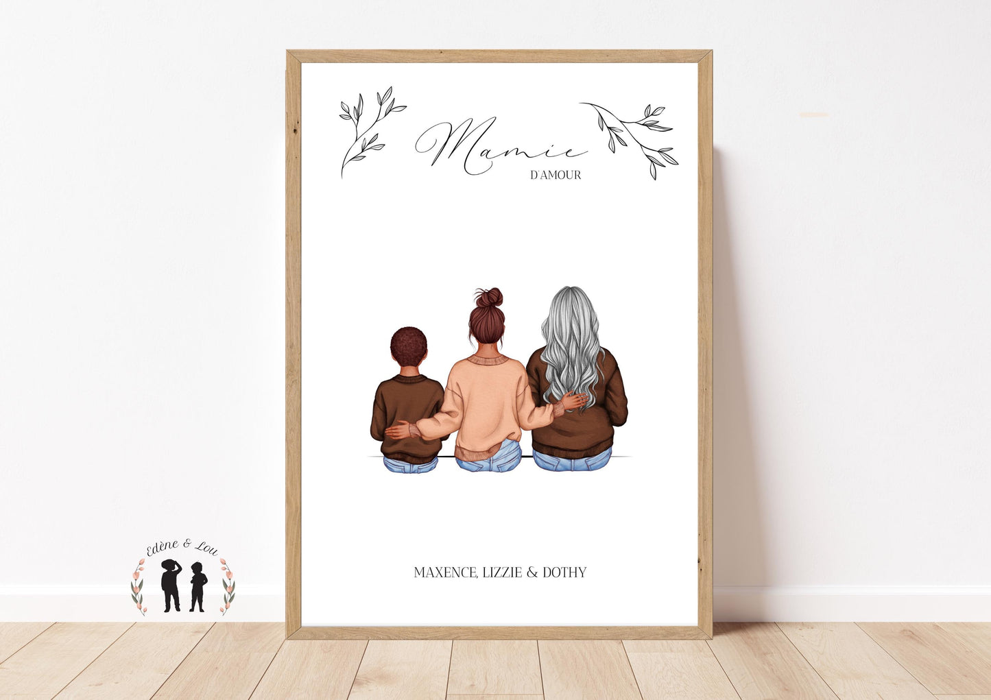 Affiche de famille - portrait de famille mamie d'amour - grand-mère petits enfants - portrait personnalisé - pdf ou imprimée