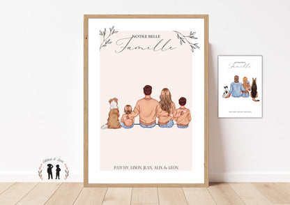 Affiche de famille - portrait de famille personnalisé - couple, parents, enfants, chien - pdf ou imprimée