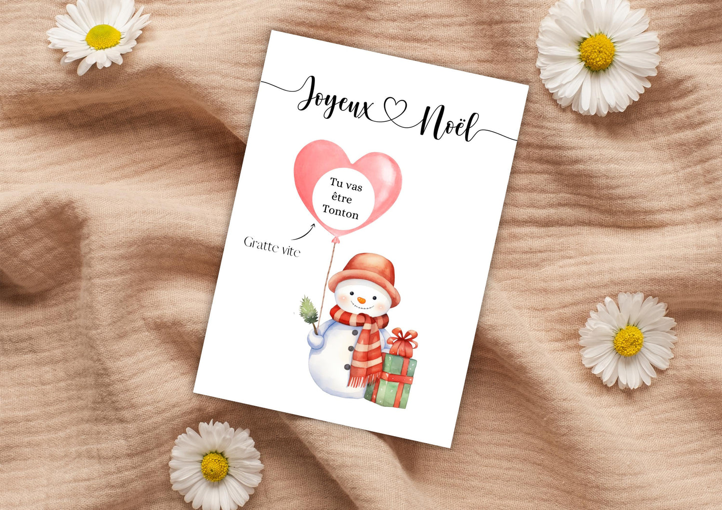 Carte à gratter annonce personnalisée - bonhomme de neige - grossesse, papa, mamie, tata, papi, mariage, cadeau - pastilles à gratter dorées