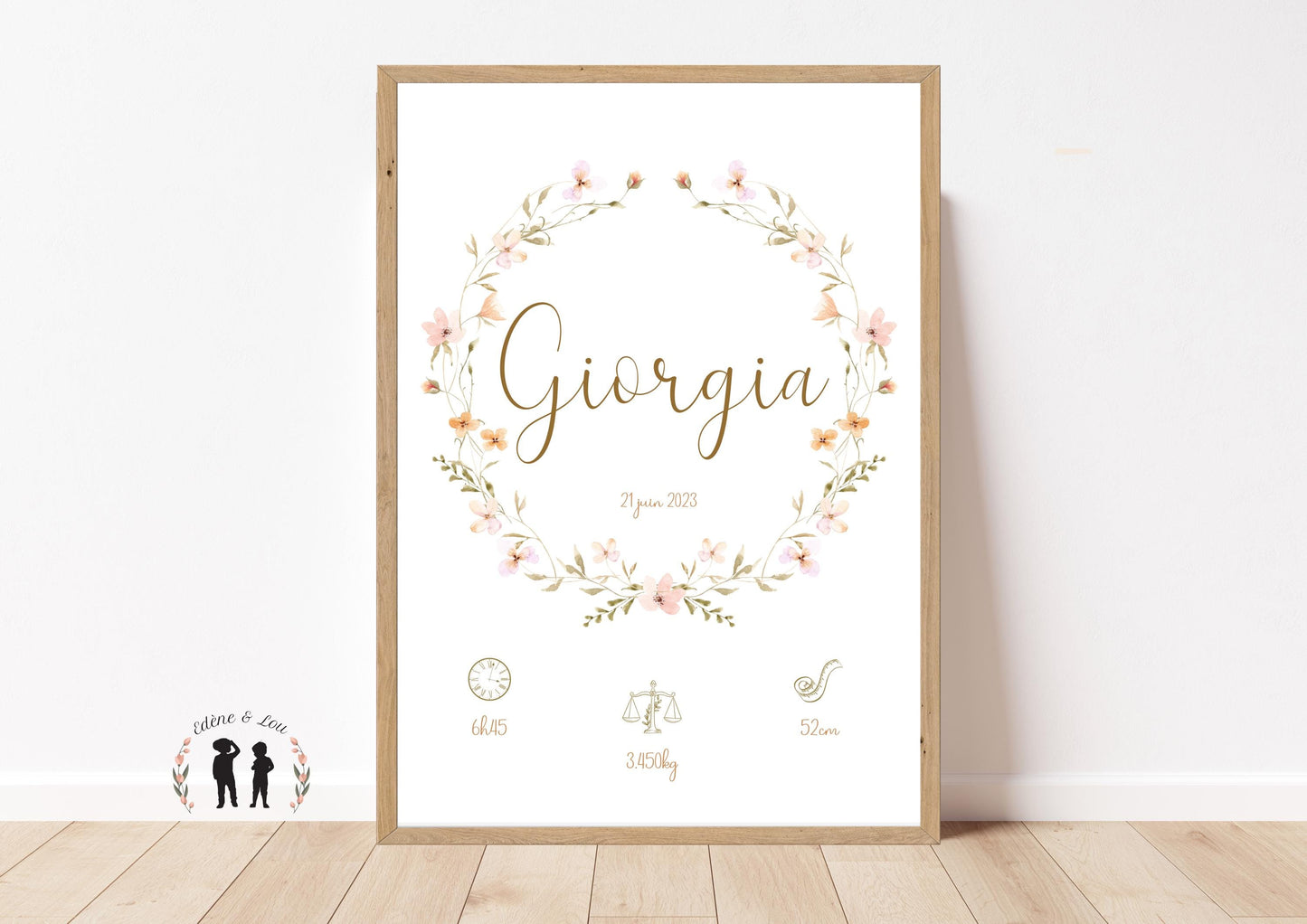 Affiche de naissance personnalisée couronne de fleurs - Affiche bébé souvenir boho - prénom poids taille heure - imprimée ou numérique PDF