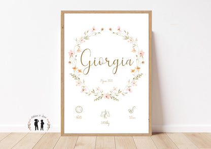 Affiche de naissance personnalisée couronne de fleurs - Affiche bébé souvenir boho - prénom poids taille heure - imprimée ou numérique PDF