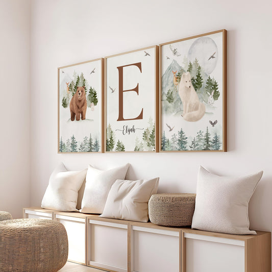 Lot de 3 affiches - affiche de naissance personnalisée forêt montagne - affiche décorative trio - cadeau de naissance bébé - pdf ou imprimée