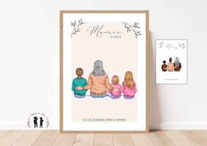 Affiche de famille - portrait de famille mamie d'amour - grand-mère petits enfants - portrait personnalisé - pdf ou imprimée