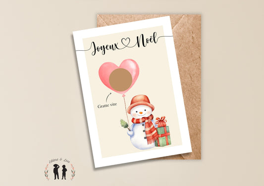 Carte à gratter annonce personnalisée - bonhomme de neige - grossesse, papa, mamie, tata, papi, mariage, cadeau - pastilles à gratter dorées