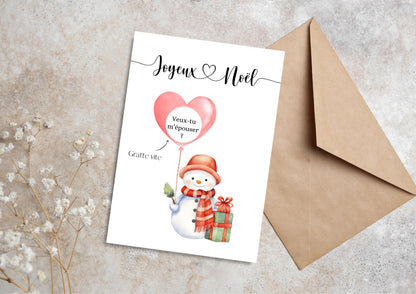 Carte à gratter annonce personnalisée - bonhomme de neige - grossesse, papa, mamie, tata, papi, mariage, cadeau - pastilles à gratter dorées