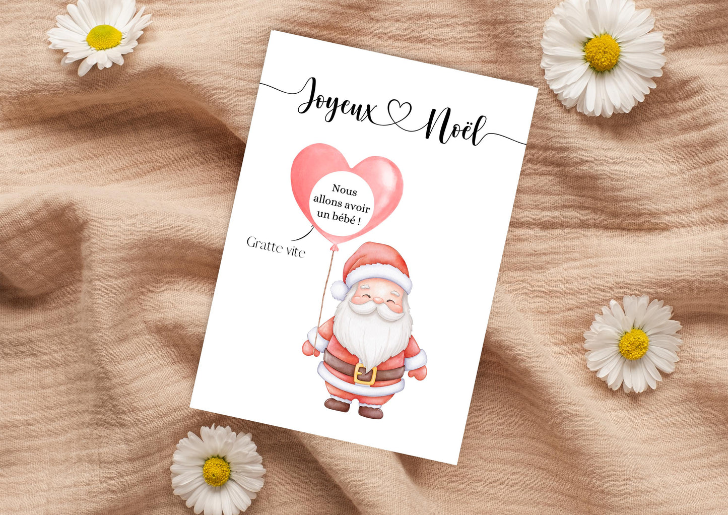 Carte à gratter annonce personnalisée - père Noël - grossesse, papa, mamie, tata, papi, mariage, cadeau - pastilles à gratter dorées