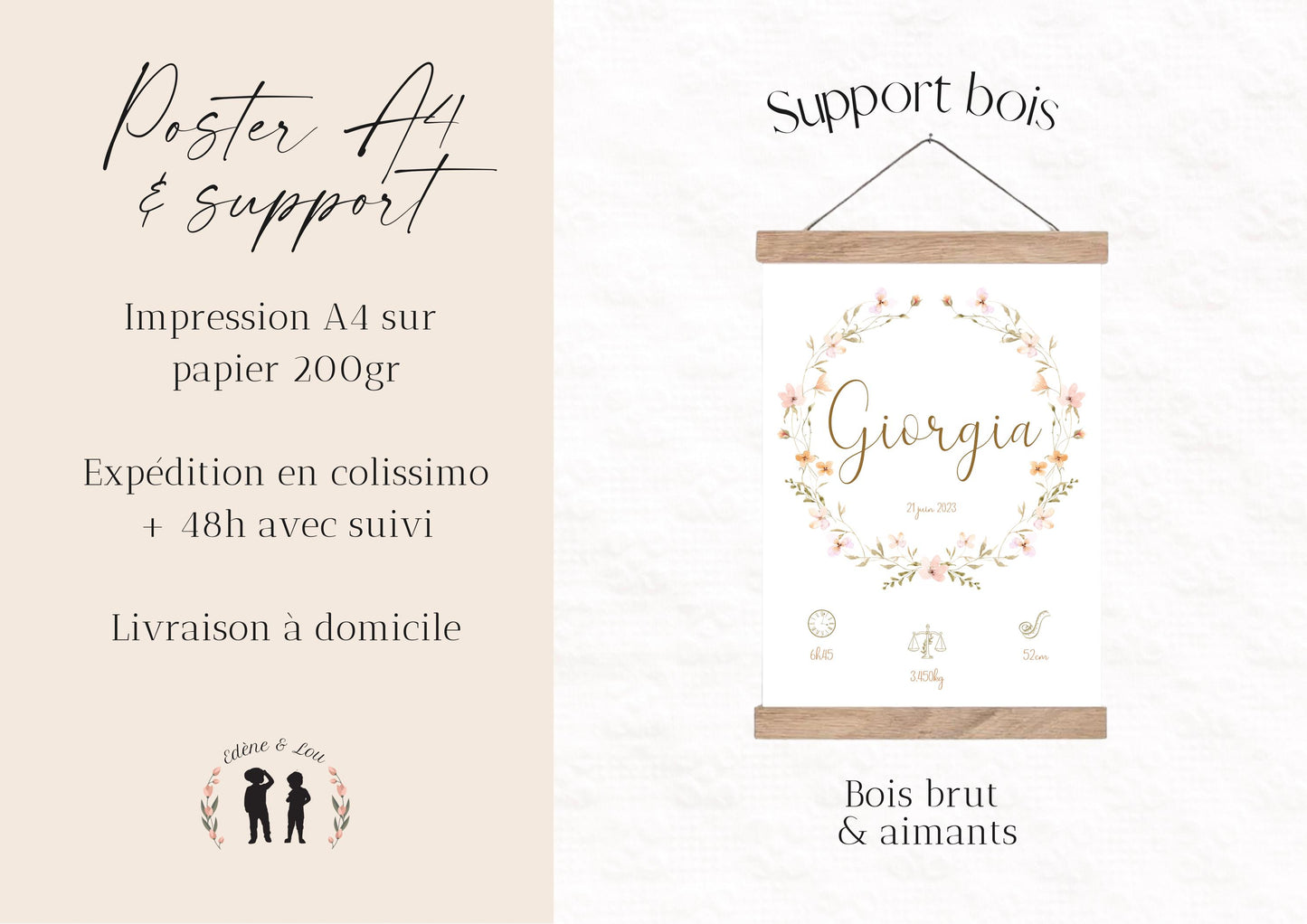 Lot de 3 affiches - affiche de naissance personnalisée fleurs boho - affiche décorative trio - cadeau de naissance bébé - pdf ou imprimée