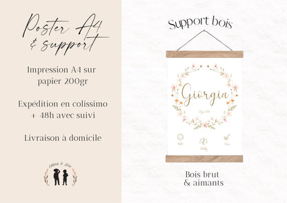 Lot de 3 affiches - affiche de naissance personnalisée fleurs boho - affiche décorative trio - cadeau de naissance bébé - pdf ou imprimée