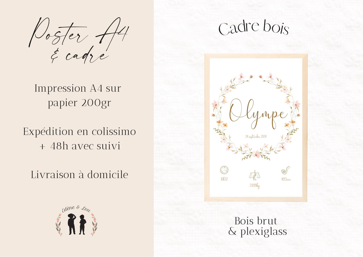 Lot de 3 affiches - affiche de naissance personnalisée fleurs boho - affiche décorative trio - cadeau de naissance bébé - pdf ou imprimée