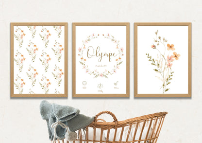 Lot de 3 affiches - affiche de naissance personnalisée fleurs boho - affiche décorative trio - cadeau de naissance bébé - pdf ou imprimée