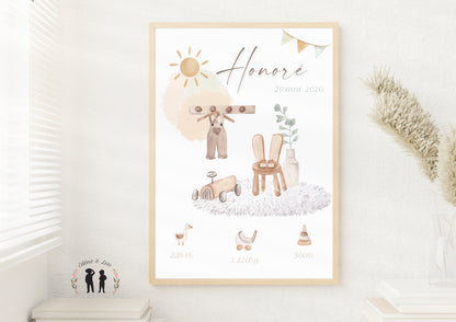 Affiche de naissance personnalisée bohème chambre bébé