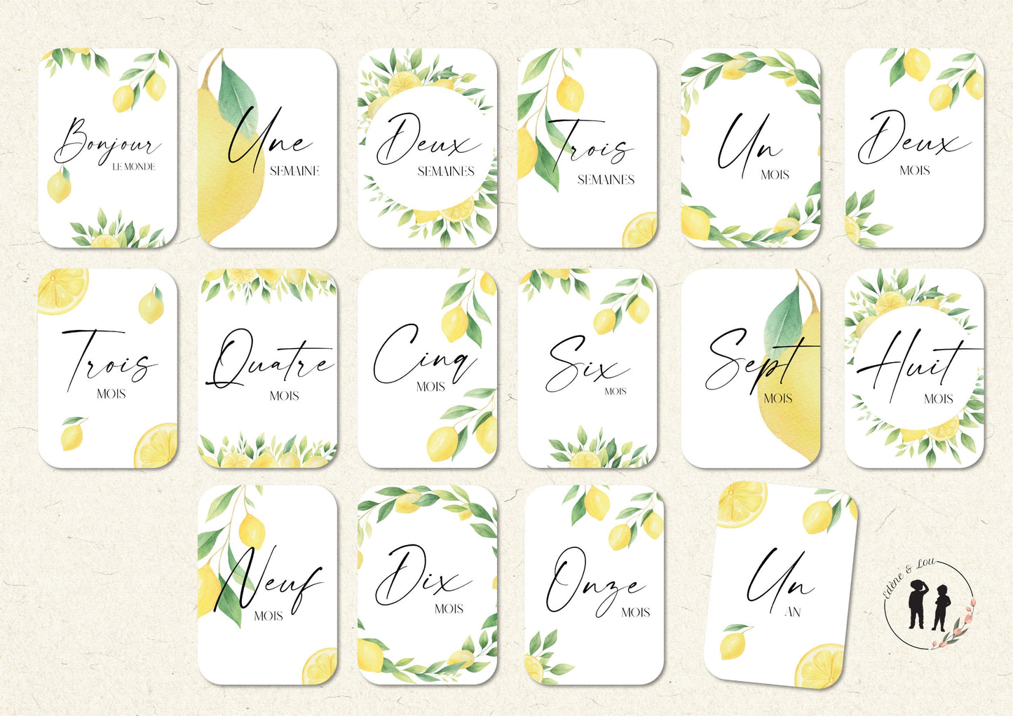 Cartes étapes bébé la première année de bébé - de la naissance à 1an - fruits : citrons - 16 cartes