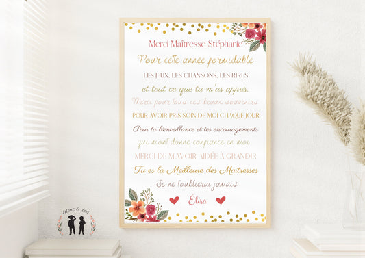 Affiche Merci Maitresse ou Atsem personnalisée fleurs - prénom enfant - cadeau maitresse - atsem - Pdf ou imprimée